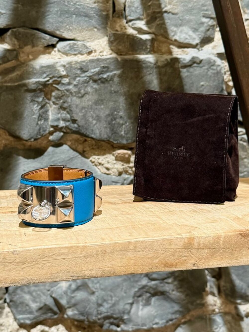 Hermès Zanzibar Blue Leather Palladium Hardware Collier De Chien Bracelet
